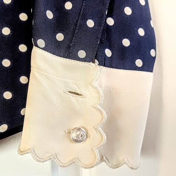 Tory Burch Navy Polka Dot Cream Scallop Silk Blouse - Picture 7 of 10